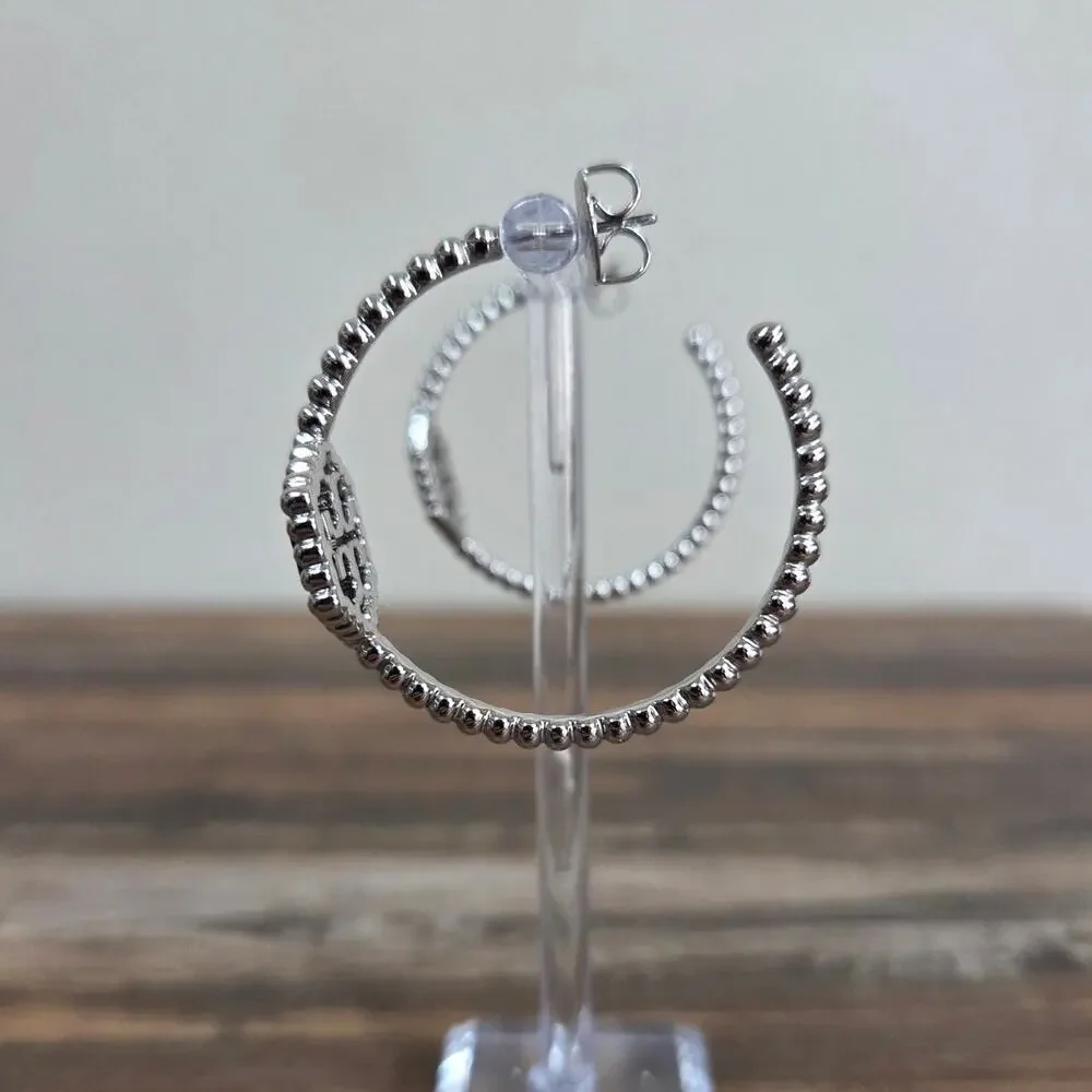Tory Burch Silver Milgrain Hexagon Double T Logo Hoop Earrings